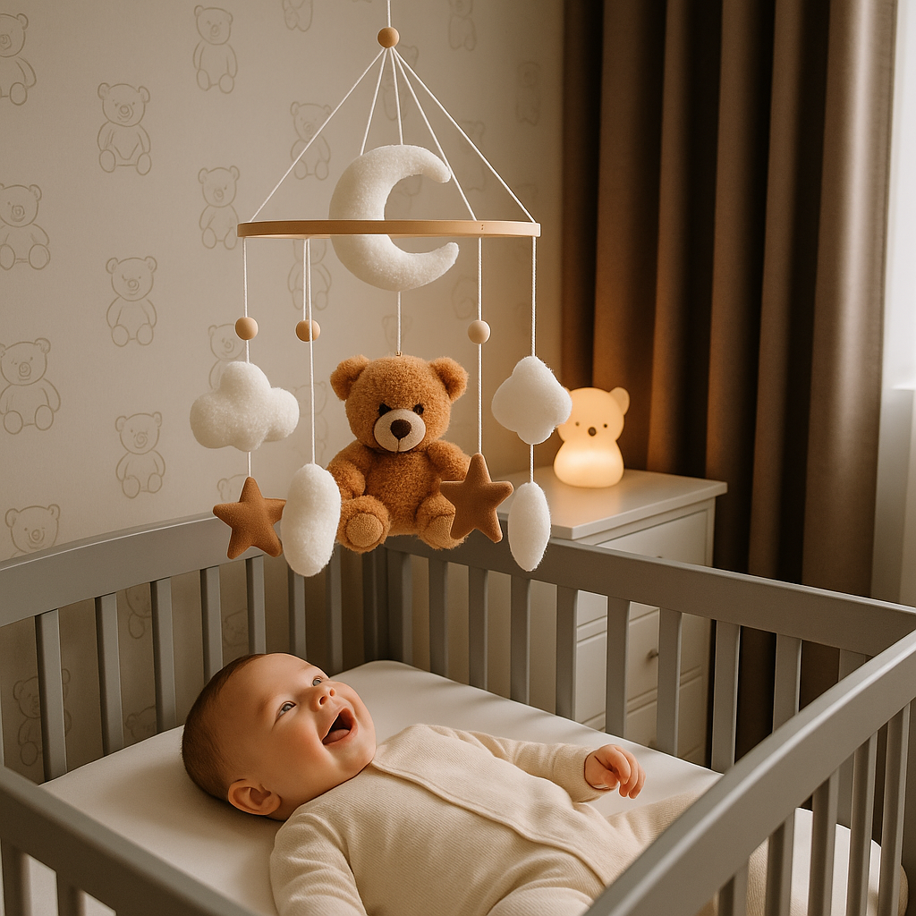 bébé allongé regarde joyeux mobile pour bébé marron ours