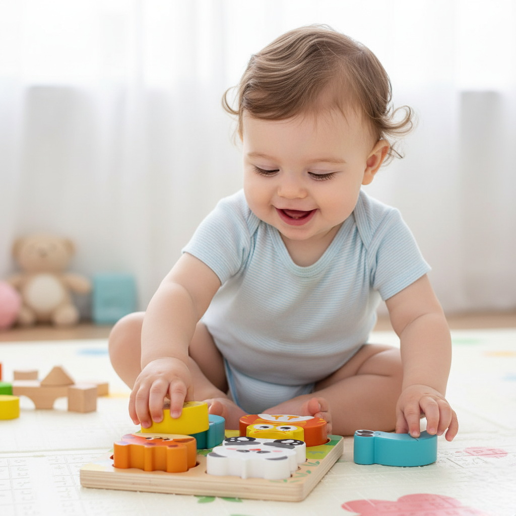 bébé assis sol puzzle bois animaux