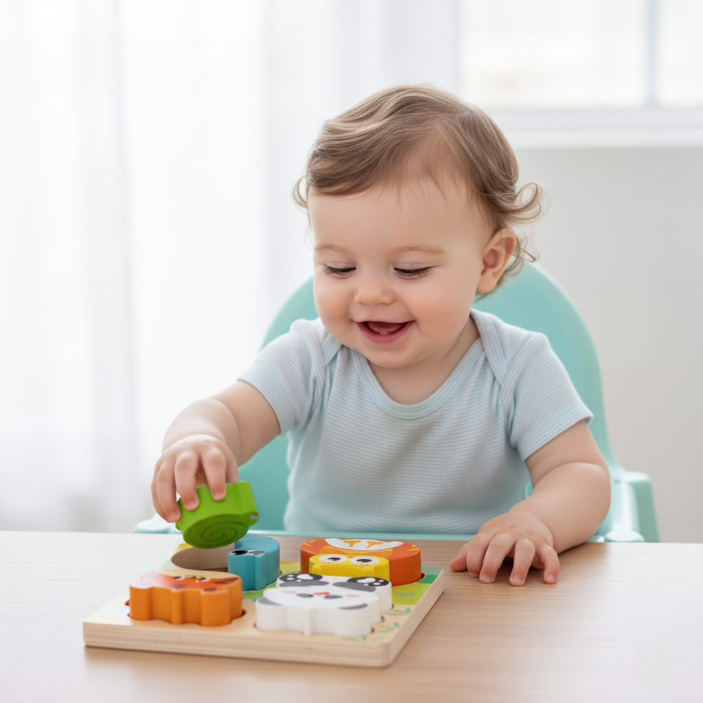 bébé assis table puzzle bois animaux