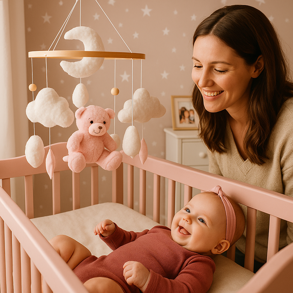 bébé heureux observe mobile pour bébé avec maman joyeuse