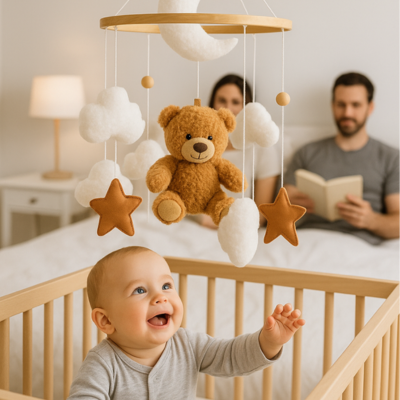 bébé joue mobile pour bébé papa maman lisent