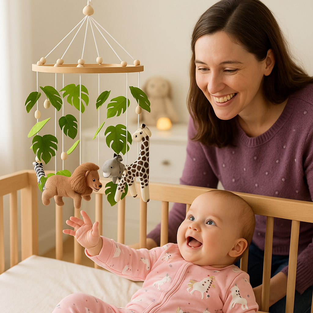 bébé maman souriante mobile lit bébé safari feuilles