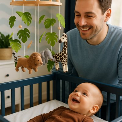 bébé papa souriant mobile lit bébé safari feuilles