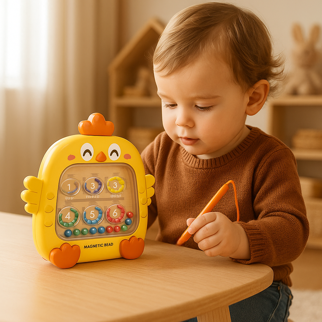 enfant apprend jouant labyrinthe magnétique couleur jaune