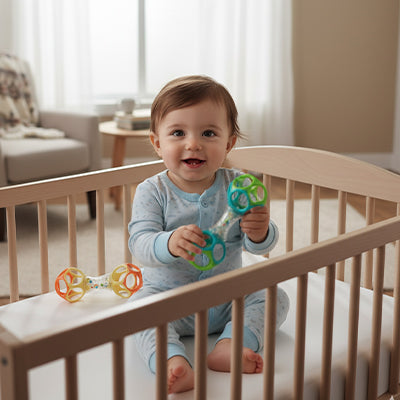 enfant tient hochet pour bebe bleu vert