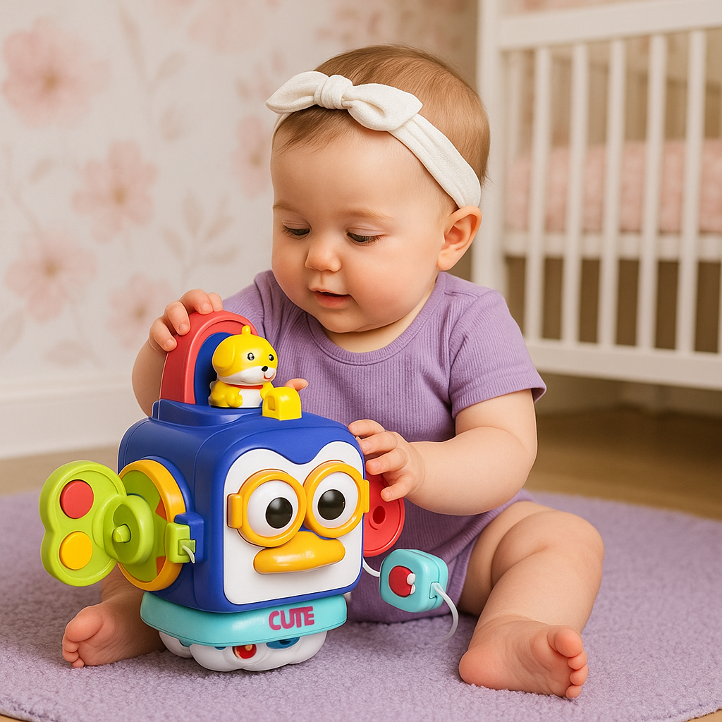fillette manipule joue cube d'activité bébé pingouin