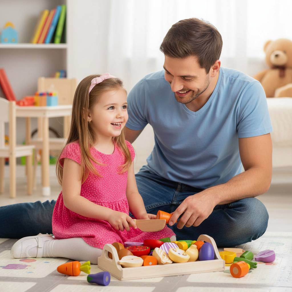 fillette papa heureux légumes dinette en bois