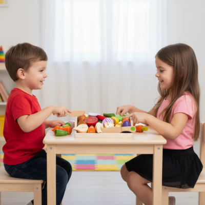 frÚre soeur jouent légumes dinette en bois