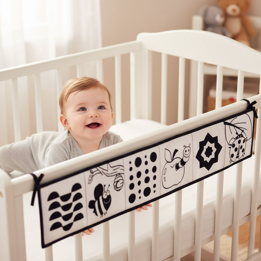 livre noir et blanc bébé lion lit barreau