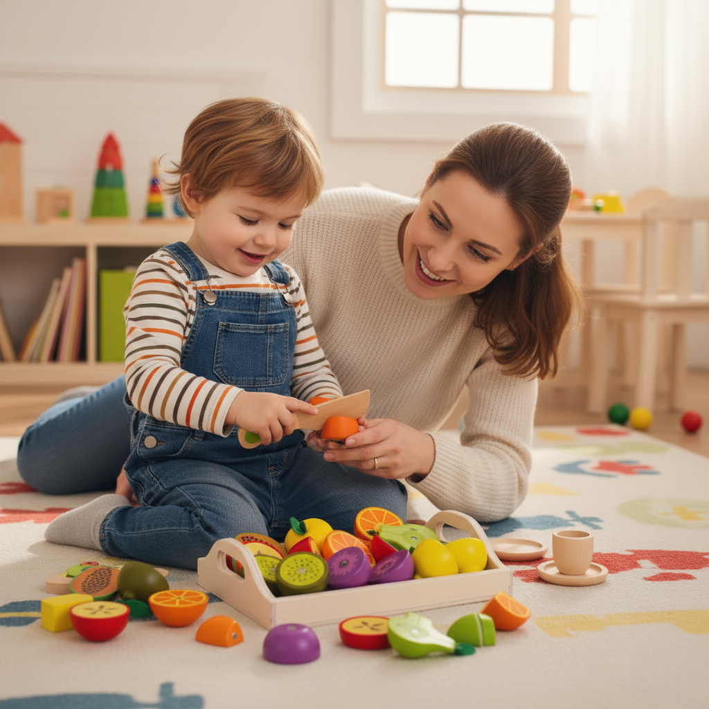 petit garçon maman fruits dinette en bois