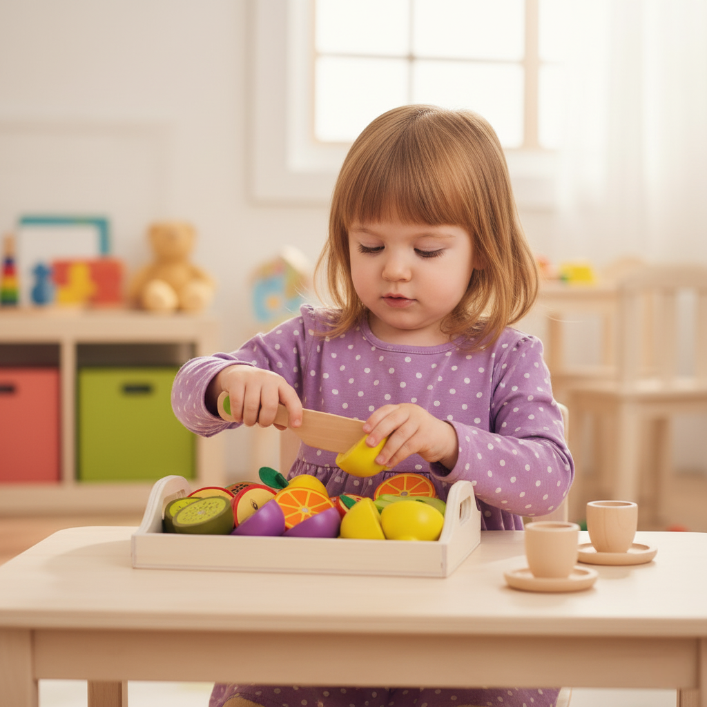 petite fille coupe fruits dinette en bois