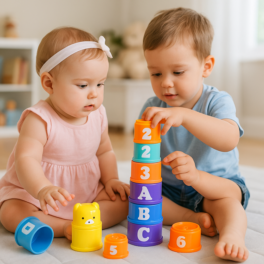 petite fille joue jouet eveil bebe tasses avec frère