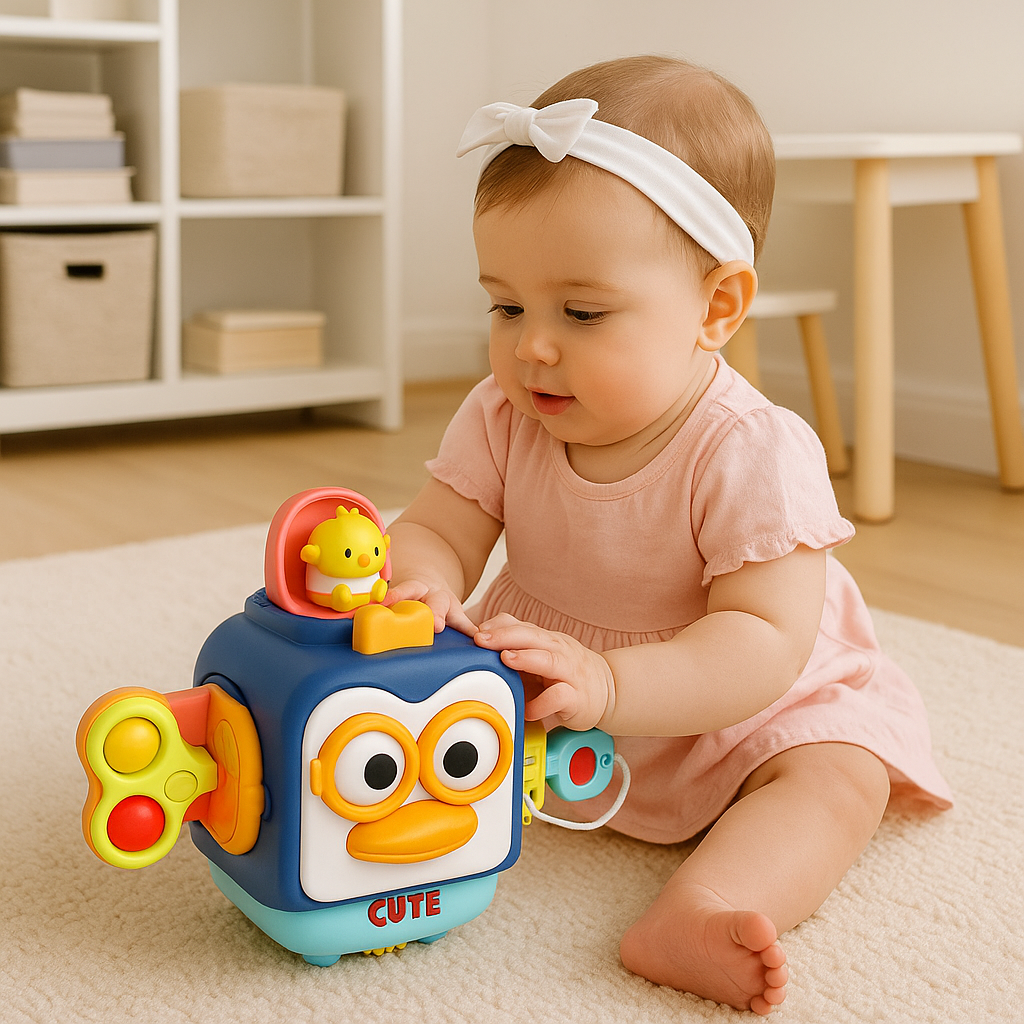 petite fille s'amuse manipule cube d'activité bébé pingouin