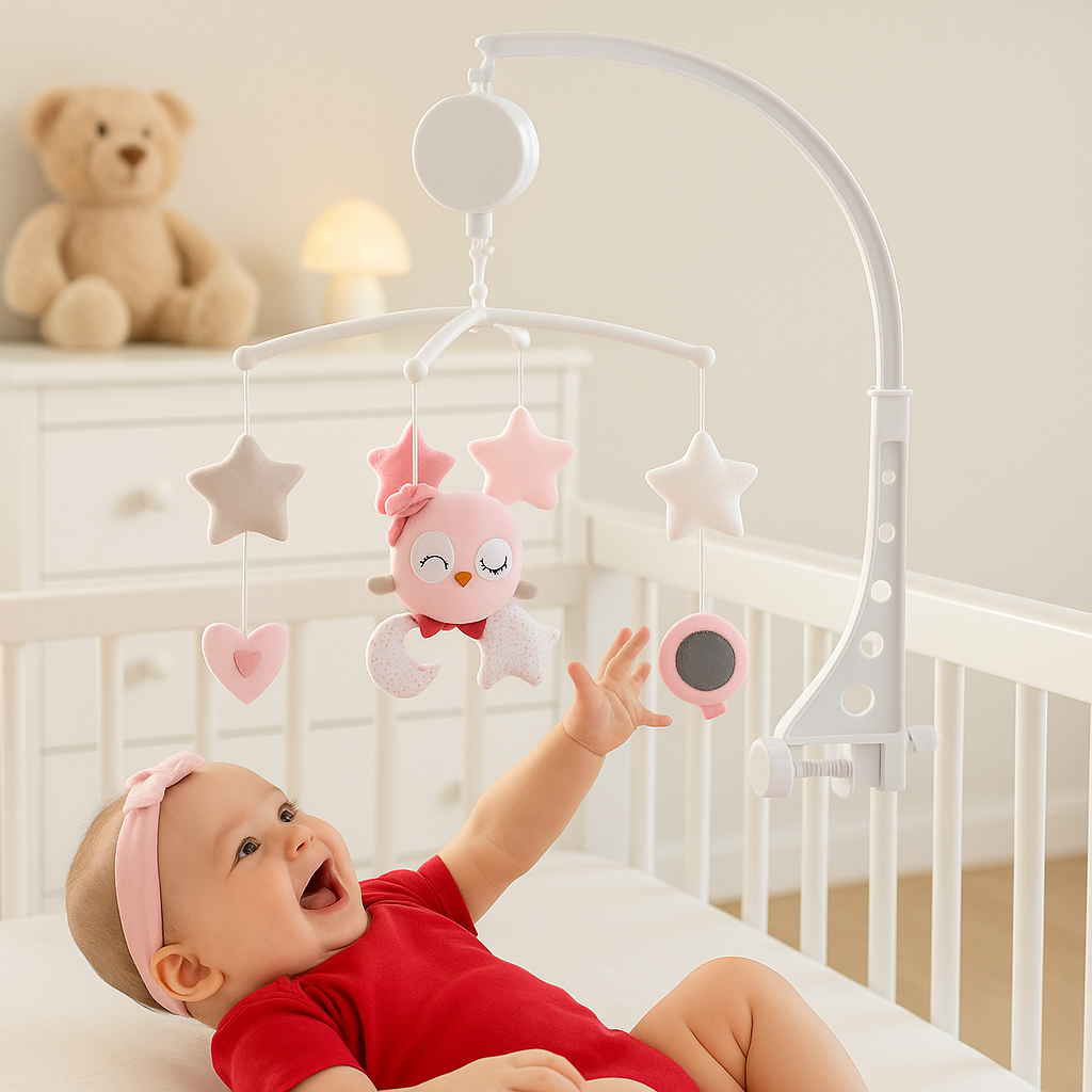 bébé allongé attrape mobile musical bébé chouette