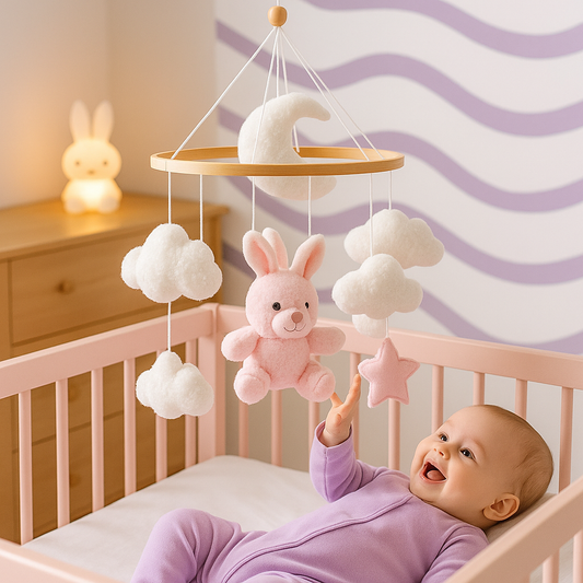 bébé allongé joue sourit mobile bébé lapin rose