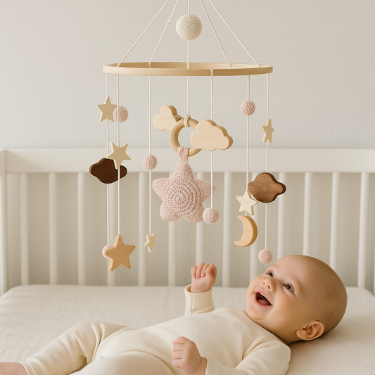 bébé allongé lit jouant souriant mobile bébé rose