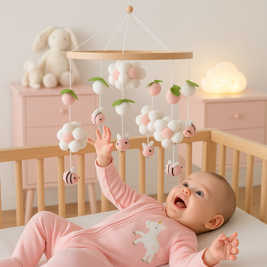 bébé allongé lit joue mobile bebe abeilles fleurs rose