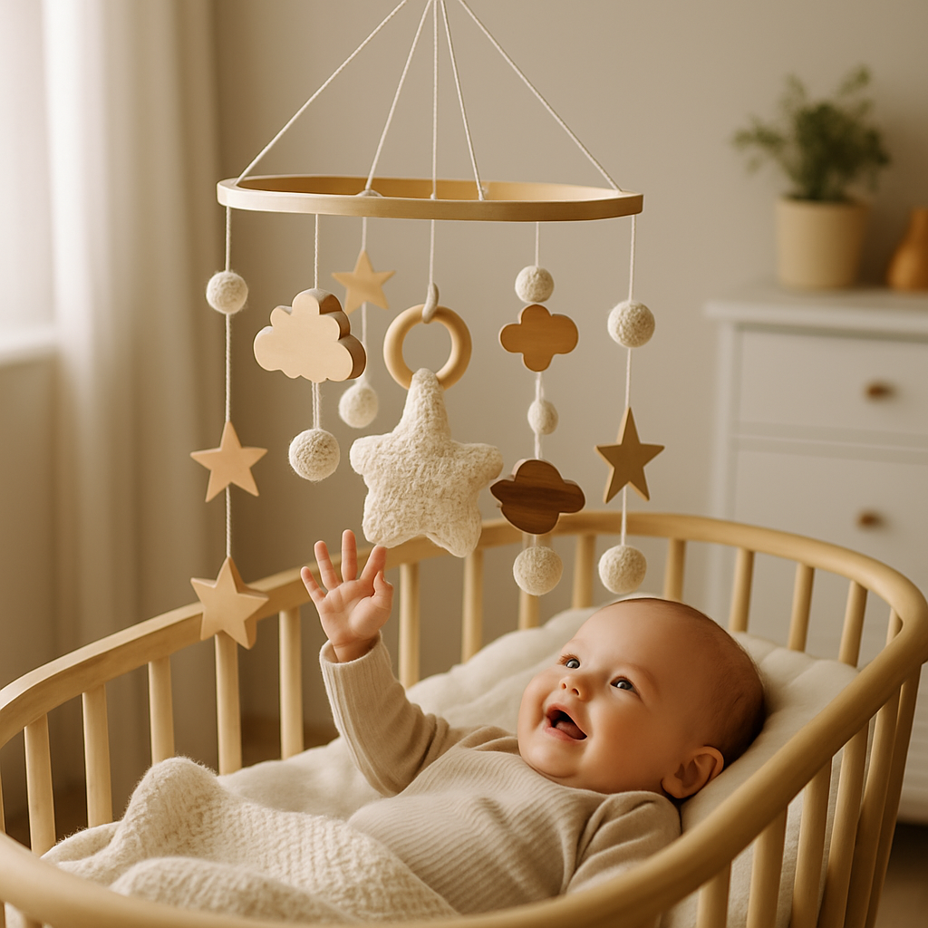 bébé allongé lit regarde souriant mobile bébé beige