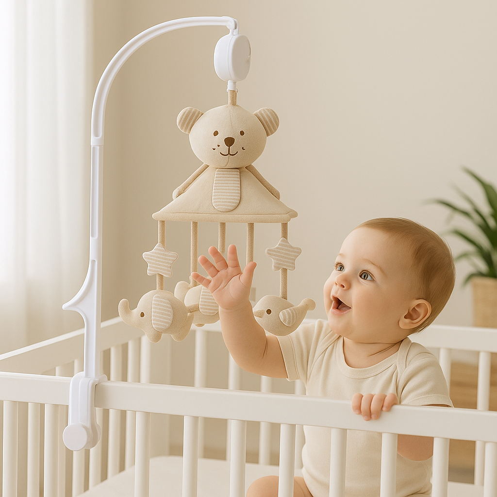 bébé assis joue avec mobile lit bébé ours