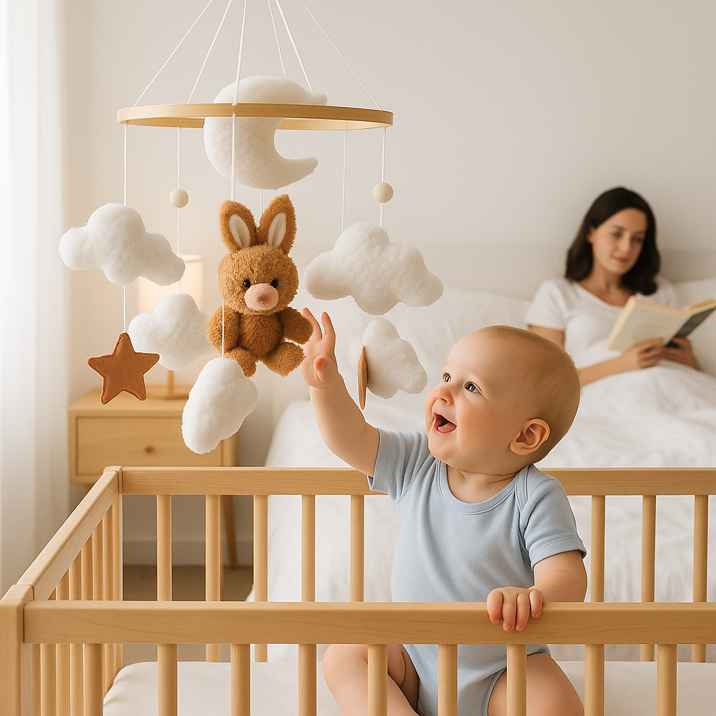 bébé assis joyeux attrape mobile bébé lapin marron