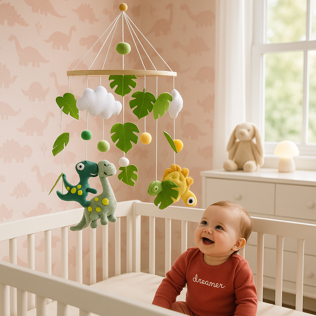 bébé assis regarde souriant joyeux mobile bebe dinosaure