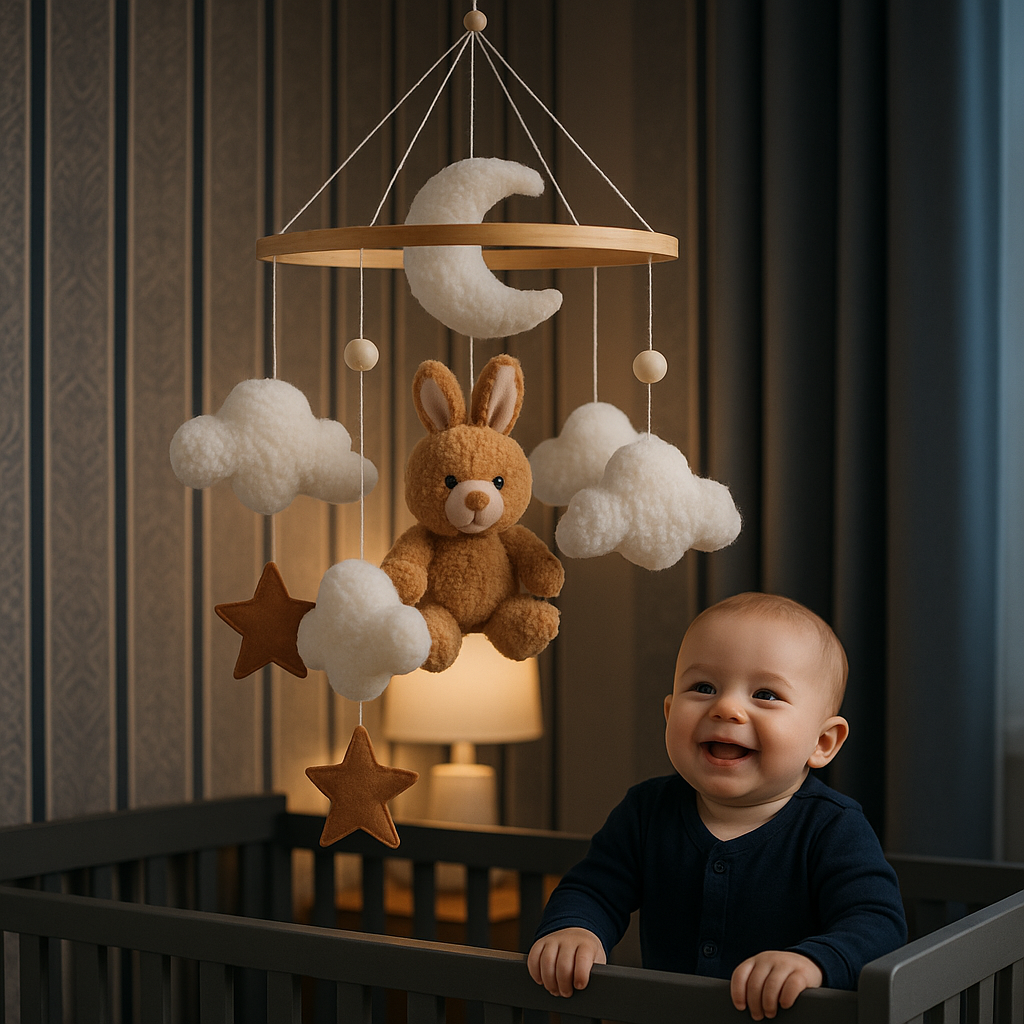 bébé content debout lit mobile bébé lapin marron