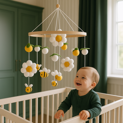 bébé debout lit regarde mobile bebe abeilles fleurs jaune