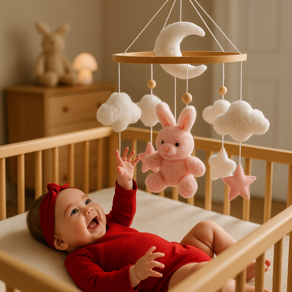 bébé fille joue attrape mobile bébé lapin rose