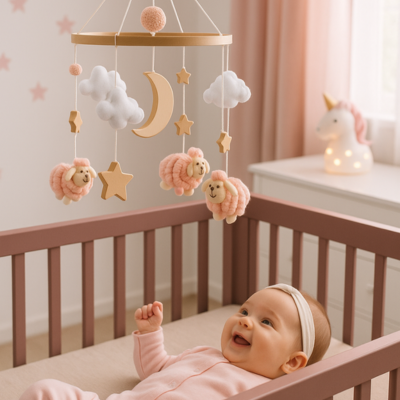 bébé fille joyeuse regarde mobile pour lit bebe moutons rose