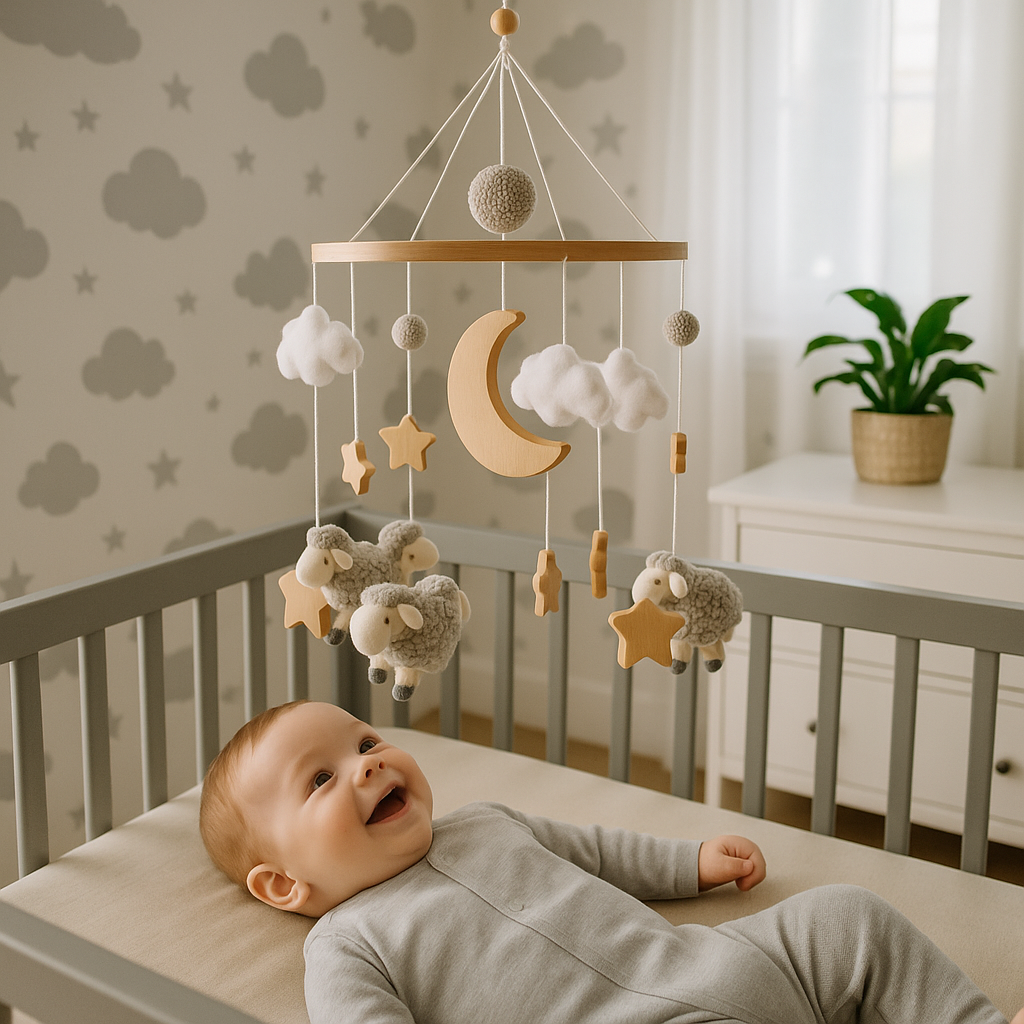 bébé garçon joyeux regarde mobile pour lit bebe moutons gris