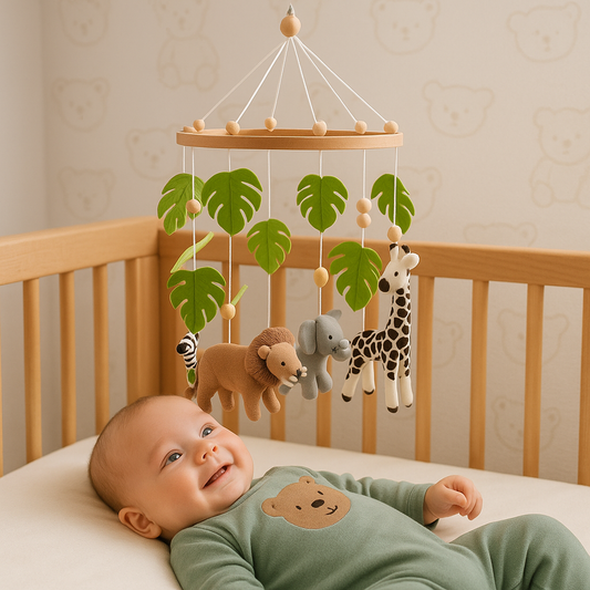 bébé heureux mobile lit bébé safari feuilles
