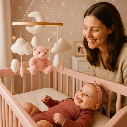 bébé heureux observe mobile pour bébé avec maman joyeuse