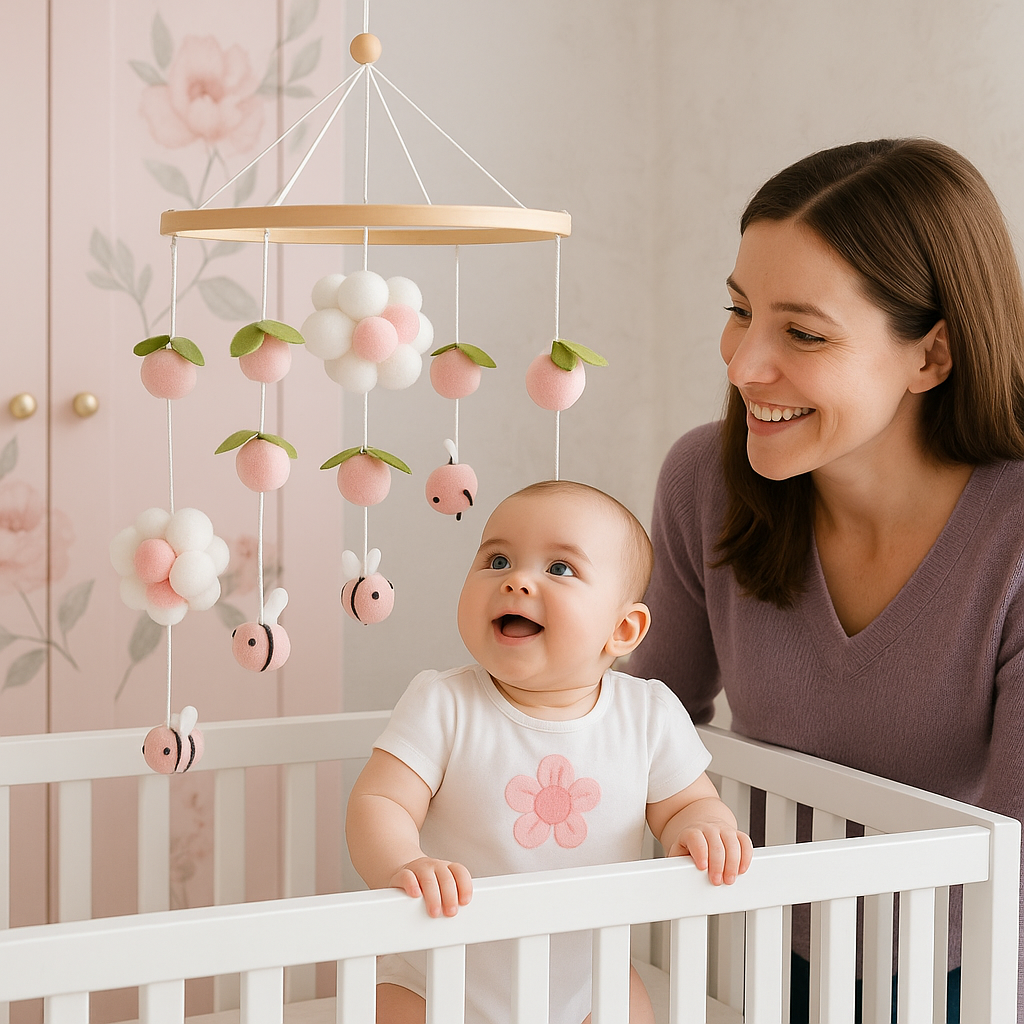 bébé joue mobile bebe abeilles rose avec maman