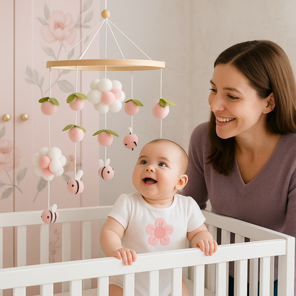 bébé joue mobile bebe abeilles rose avec maman