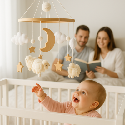 bébé joue mobile pour lit bebe papa maman lisent