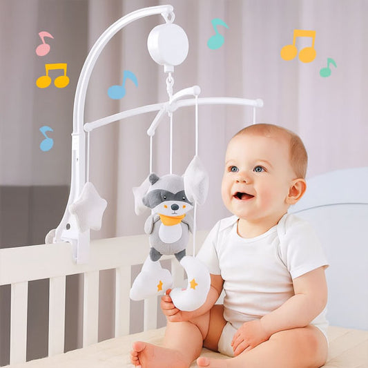 bébé joyeux assis mobile musical bébé raton laveur