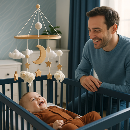 bébé joyeux mobile pour lit bebe moutons beige papa heureux