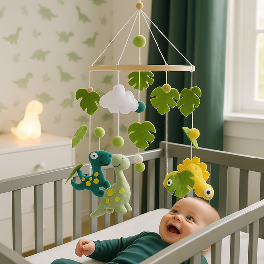 bébé joyeux souriant regarde mobile bebe dinosaure