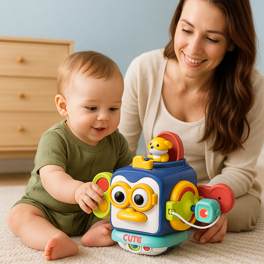 bébé maman jouent cube d'activité bébé pingouin