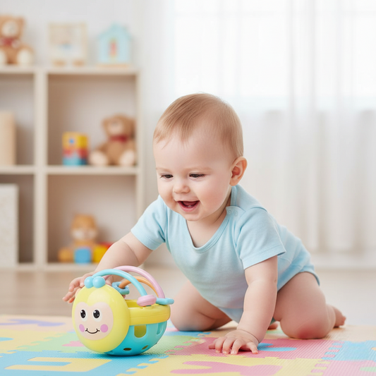 bébé quatre pattes joue avec hochet bebe