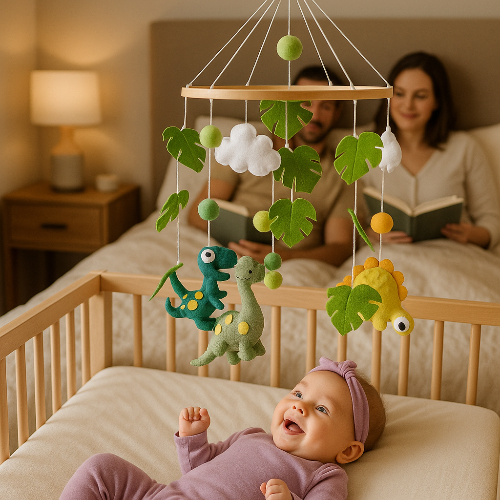 bébé regarde mobile bebe dinosaure maman papa lisent