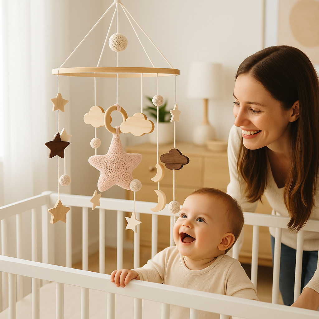 bébé regarde souriant avec maman mobile bébé