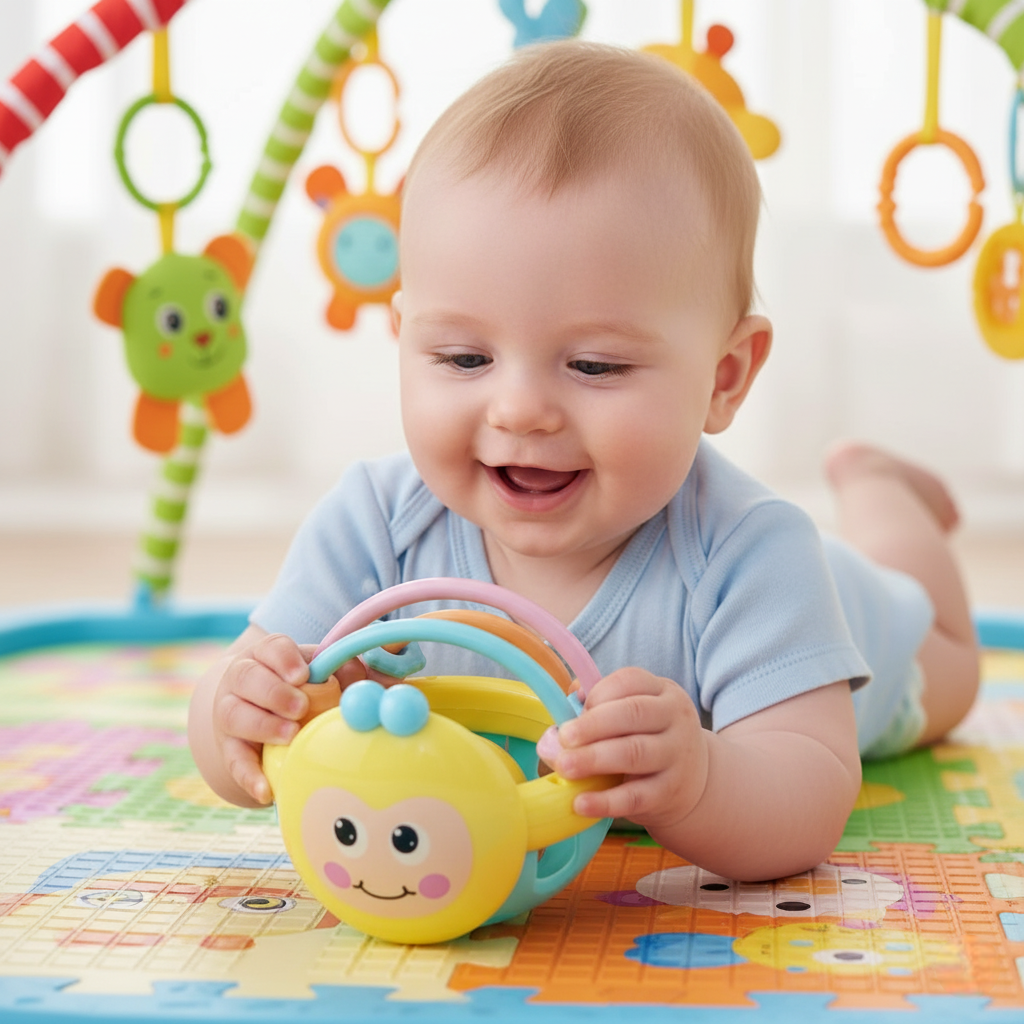 bébé sur tapis joue balle hochet bebe