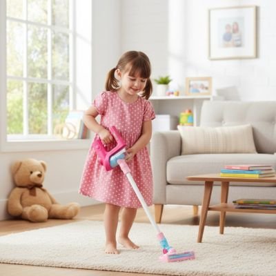 enfant joue avec aspirateur enfant rose