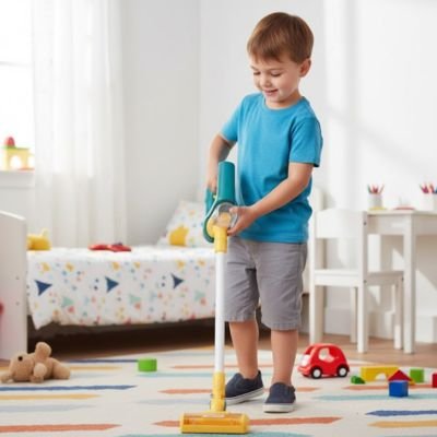 enfant joue avec aspirateur enfant vert