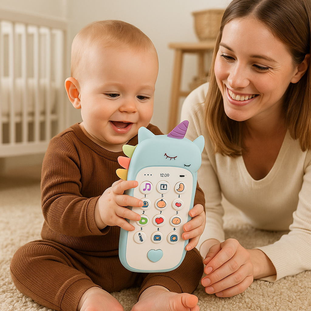 enfant joue telephone bebe maman regarde souriante