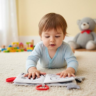 enfant regarde livre bebe en tissus animaux marins