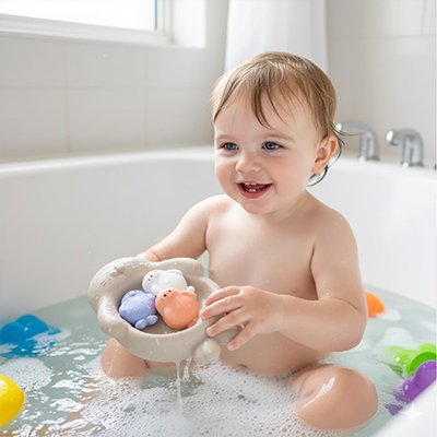 enfant s'amuse avec jouet baignoire bebe dans bain