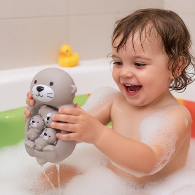enfant s'amuse avec jouet baignoire bebe loutre