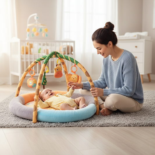 enfant tapis d'éveil bébé maman surveille